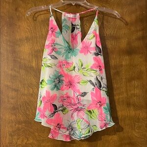 Floral V-Neck Halter Chiffon Cami in Pink & Teal